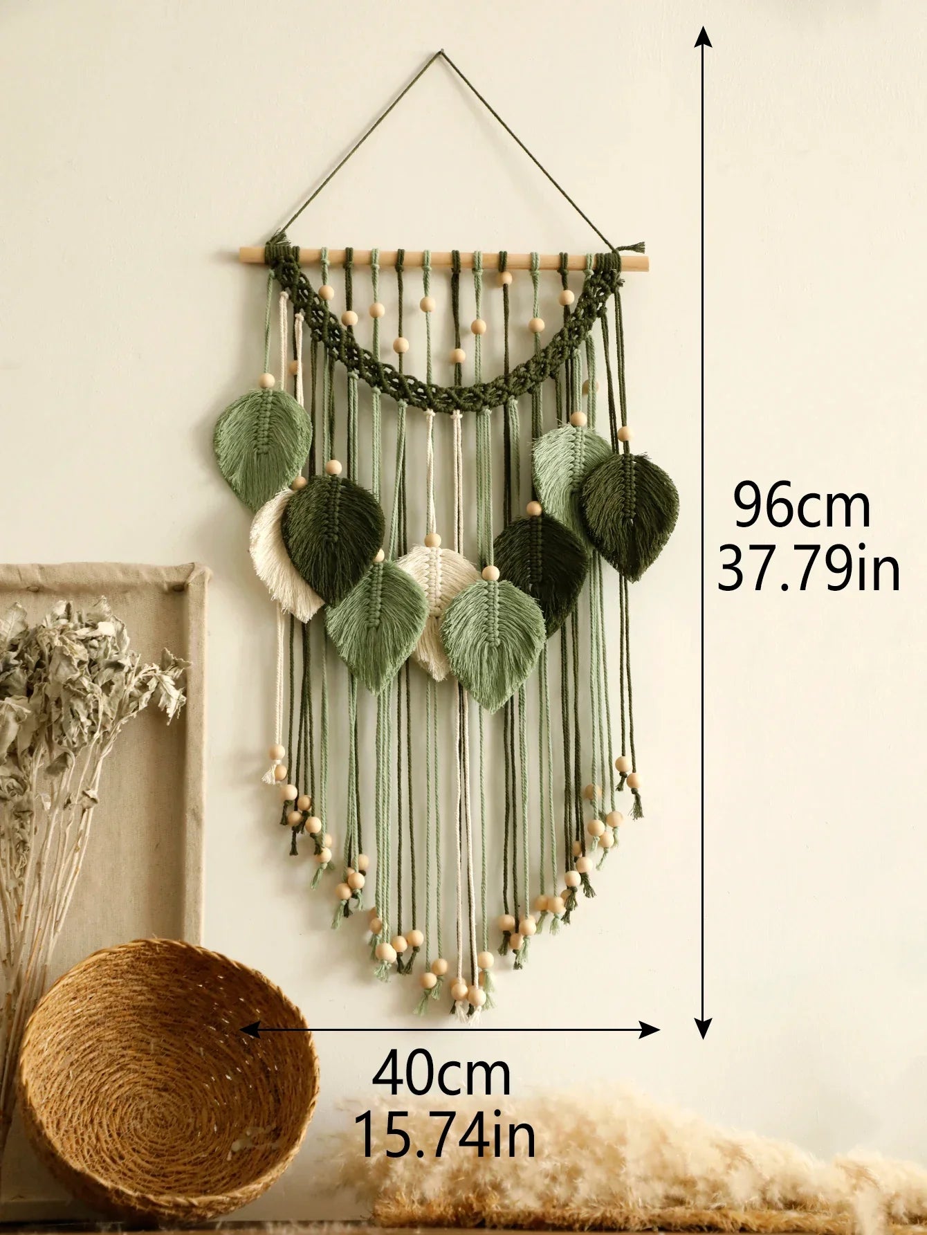 Blatt Makramee Wandteppich – Boho Baumwoll Wandbehang in Grün oder Braun