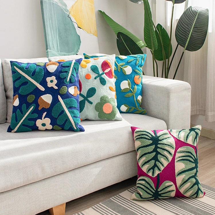 Farbblock Floral Gestickter Kissenbezug – Boho Dekokissenbezug für Boho Wohnkultur