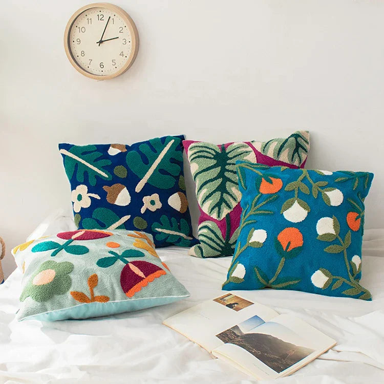 Farbblock Floral Gestickter Kissenbezug – Boho Dekokissenbezug für Boho Wohnkultur