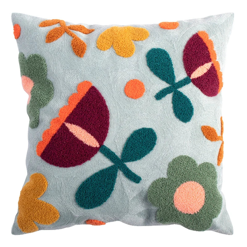 Farbblock Floral Gestickter Kissenbezug – Boho Dekokissenbezug für Boho Wohnkultur