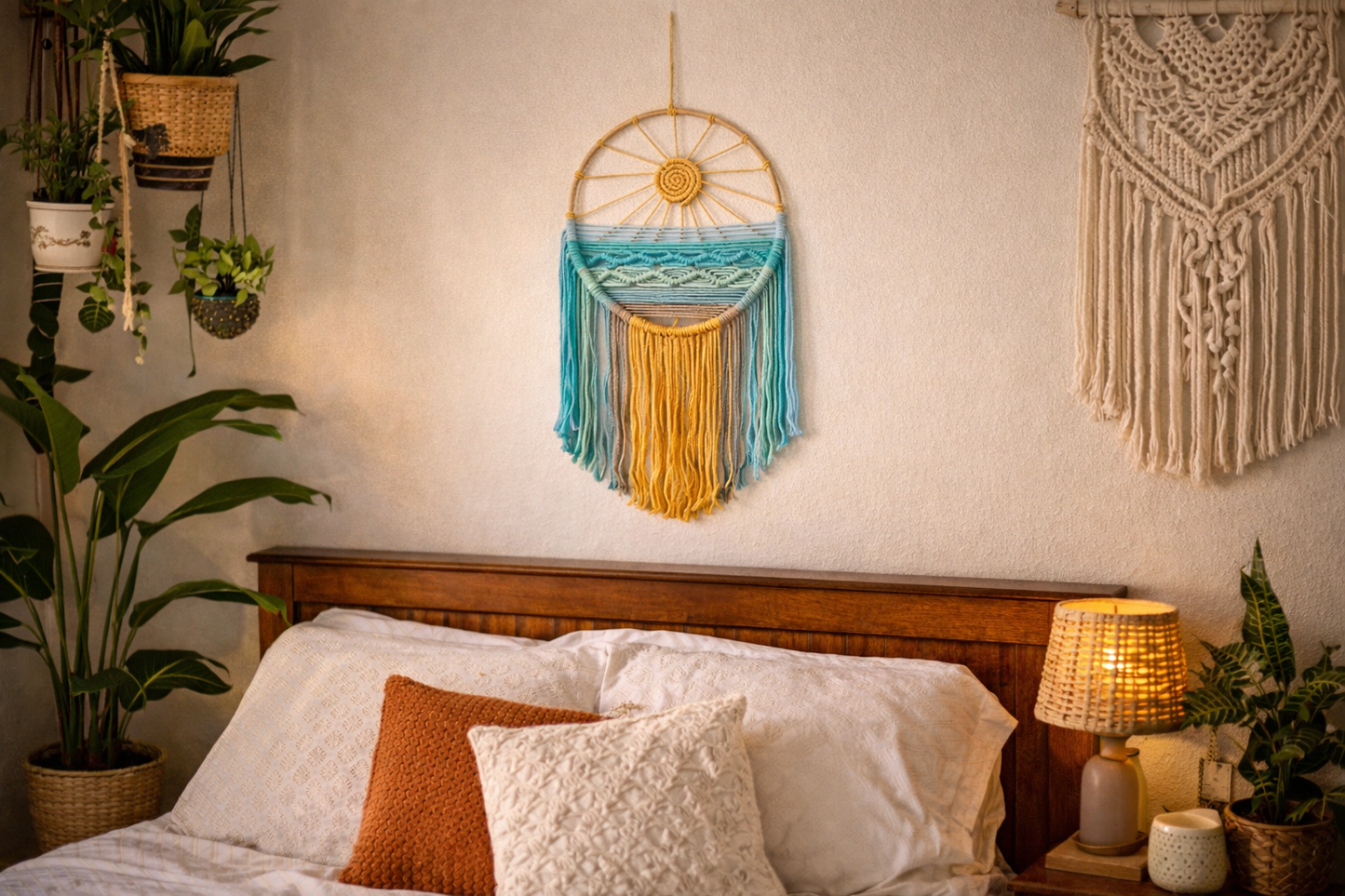 Sonnenaufgang & Sonnenuntergang Gewebter Boho Baumwoll Wandteppich