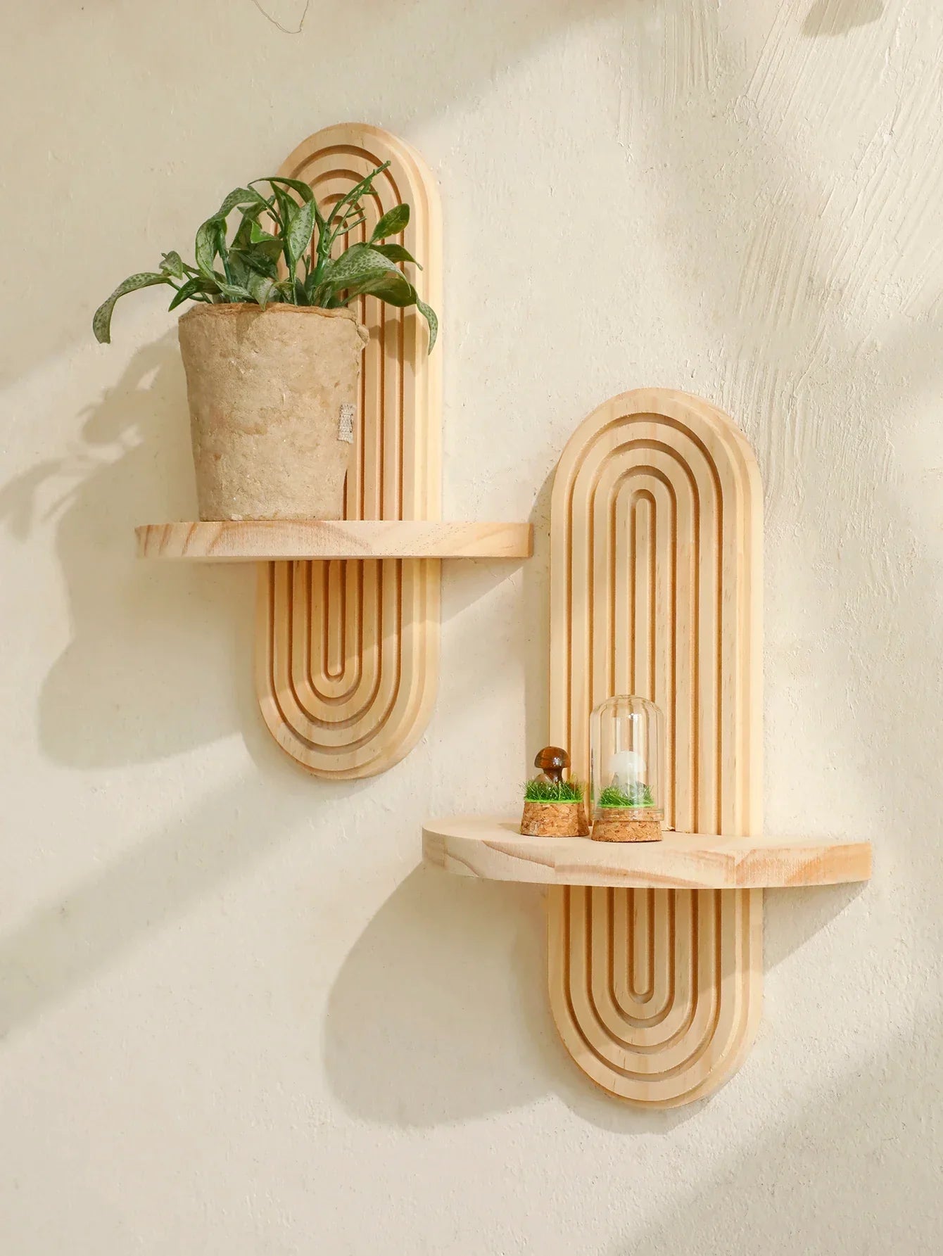 Boho Stil Holz Wandregal - Geometrische Wandmontierte Regale, Naturholz-Finish, Moderne Wohnkultur, Pflanzenhalter Kreis