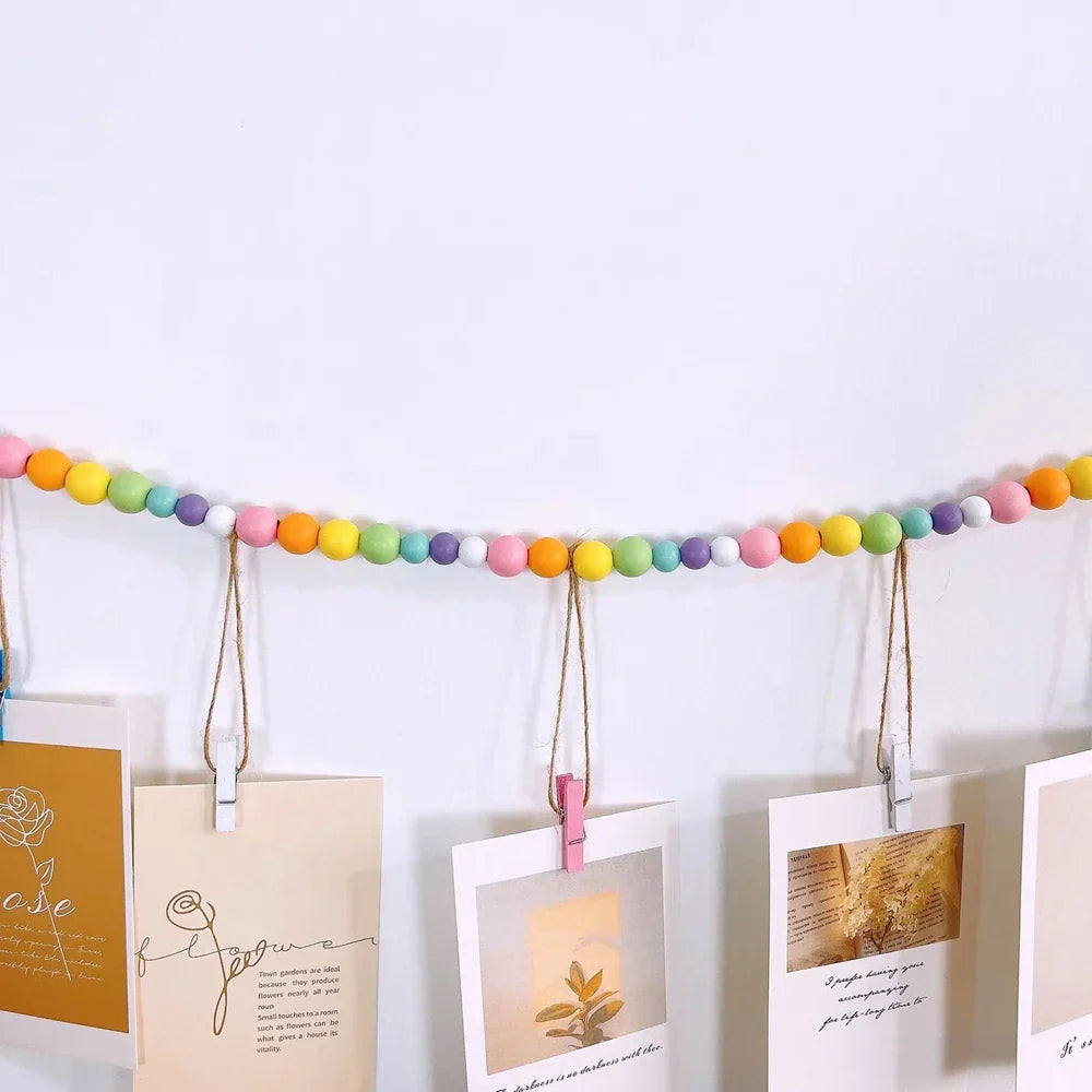 Boho Wandbehang Fotodisplay mit Holzperlen & Clips