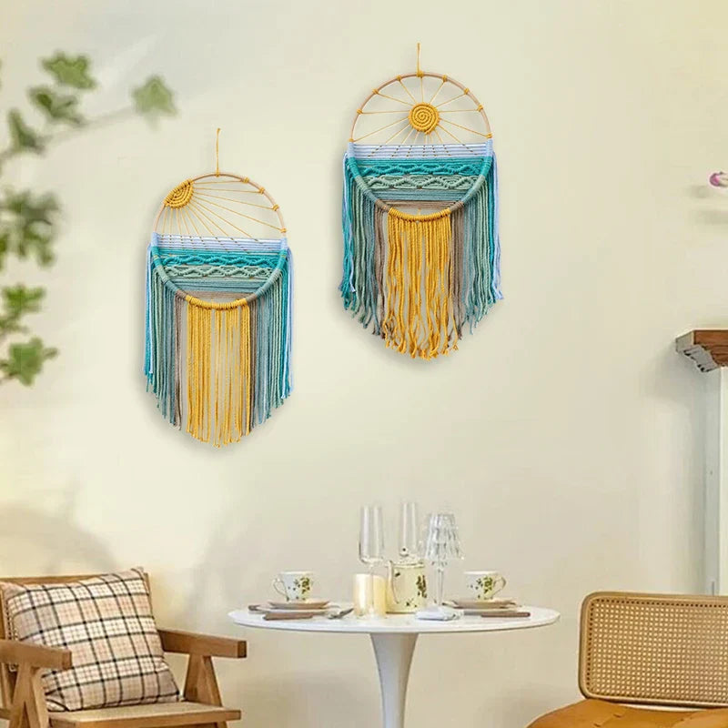 Sonnenaufgang & Sonnenuntergang Gewebter Boho Baumwoll Wandteppich