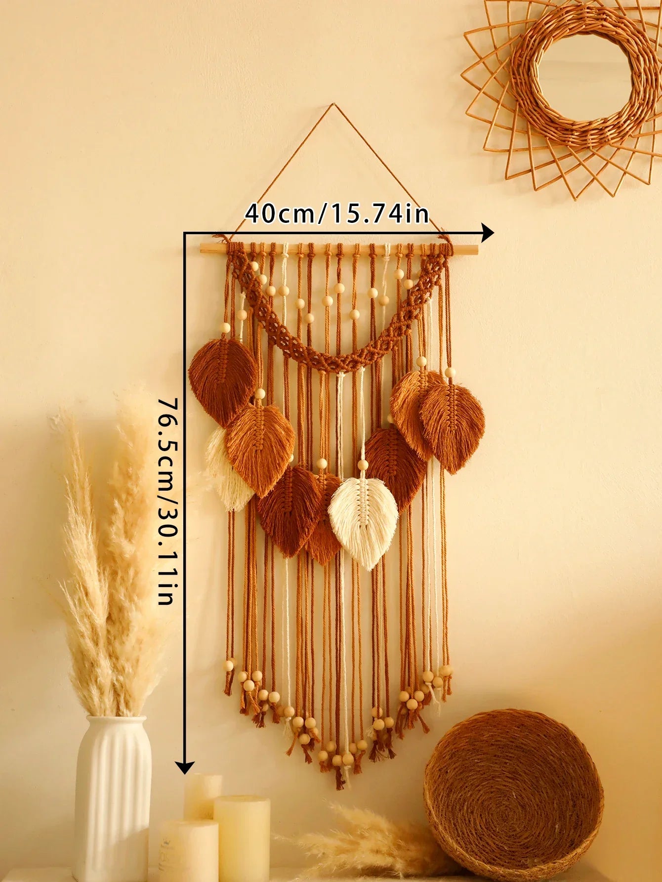 Blatt Makramee Wandteppich – Boho Baumwoll Wandbehang in Grün oder Braun