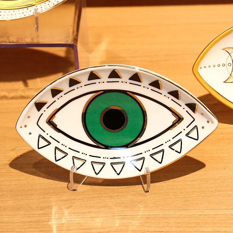 Keramischer Schmuckteller Schmuckschale Ringe Ohrringe Halsketten Schale Böse Augen Mondphasen Dekorative Platte Schüssel Wohnkultur Boho 1Stk