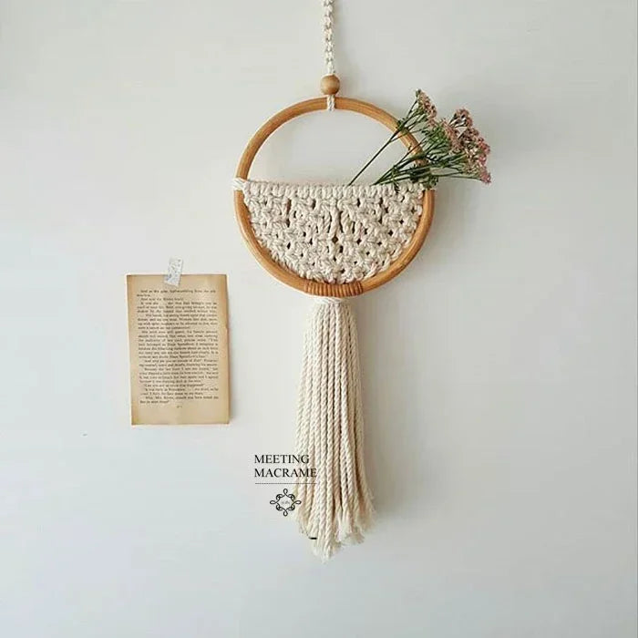 Boho Makramee Wandbehang mit Blumentopf-Tasche – Handgefertigter nordischer runder Wandteppich | Wohnheimzimmer & Wohnkultur