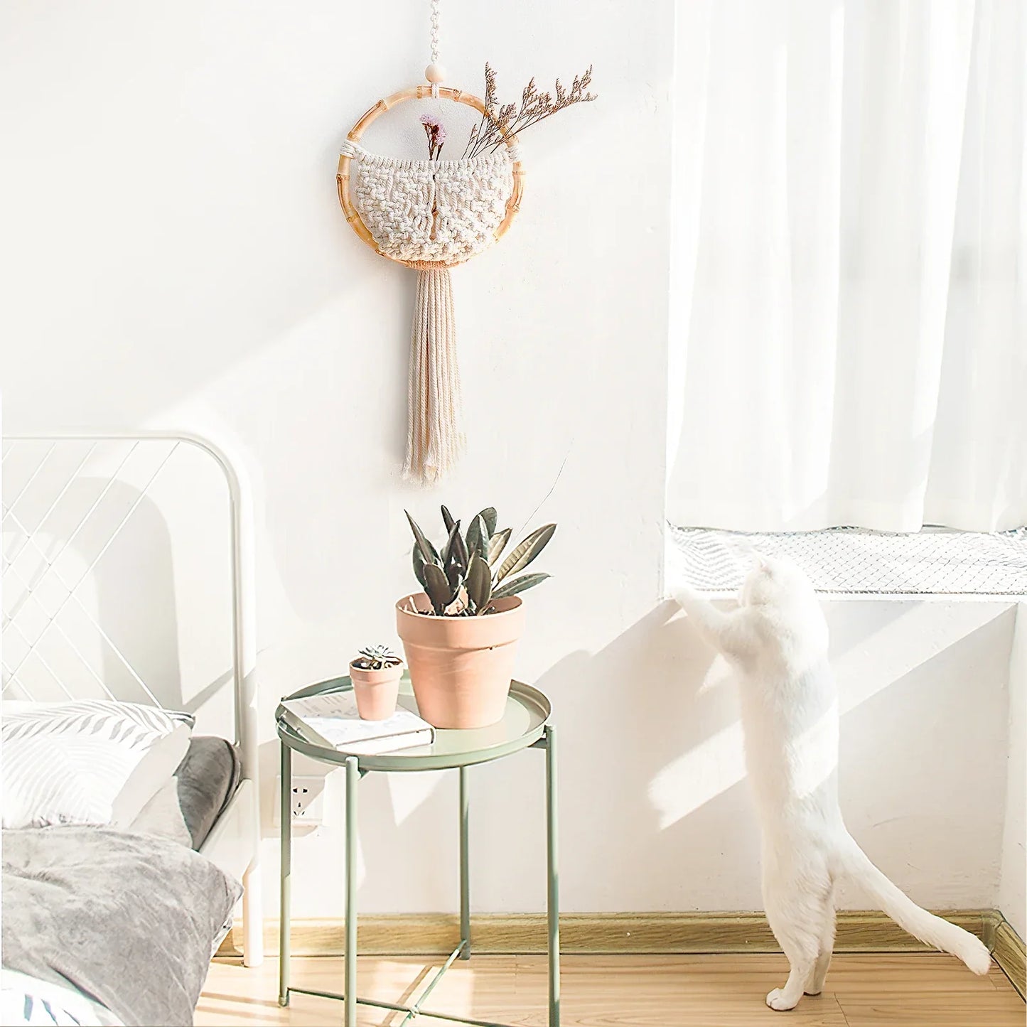 Boho Makramee Wandbehang mit Blumentopf-Tasche – Handgefertigter nordischer runder Wandteppich | Wohnheimzimmer & Wohnkultur