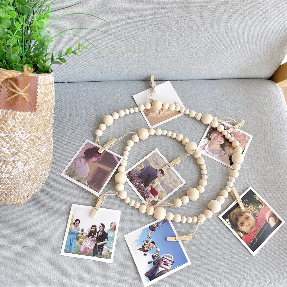 Boho Wandbehang Fotodisplay mit Holzperlen & Clips