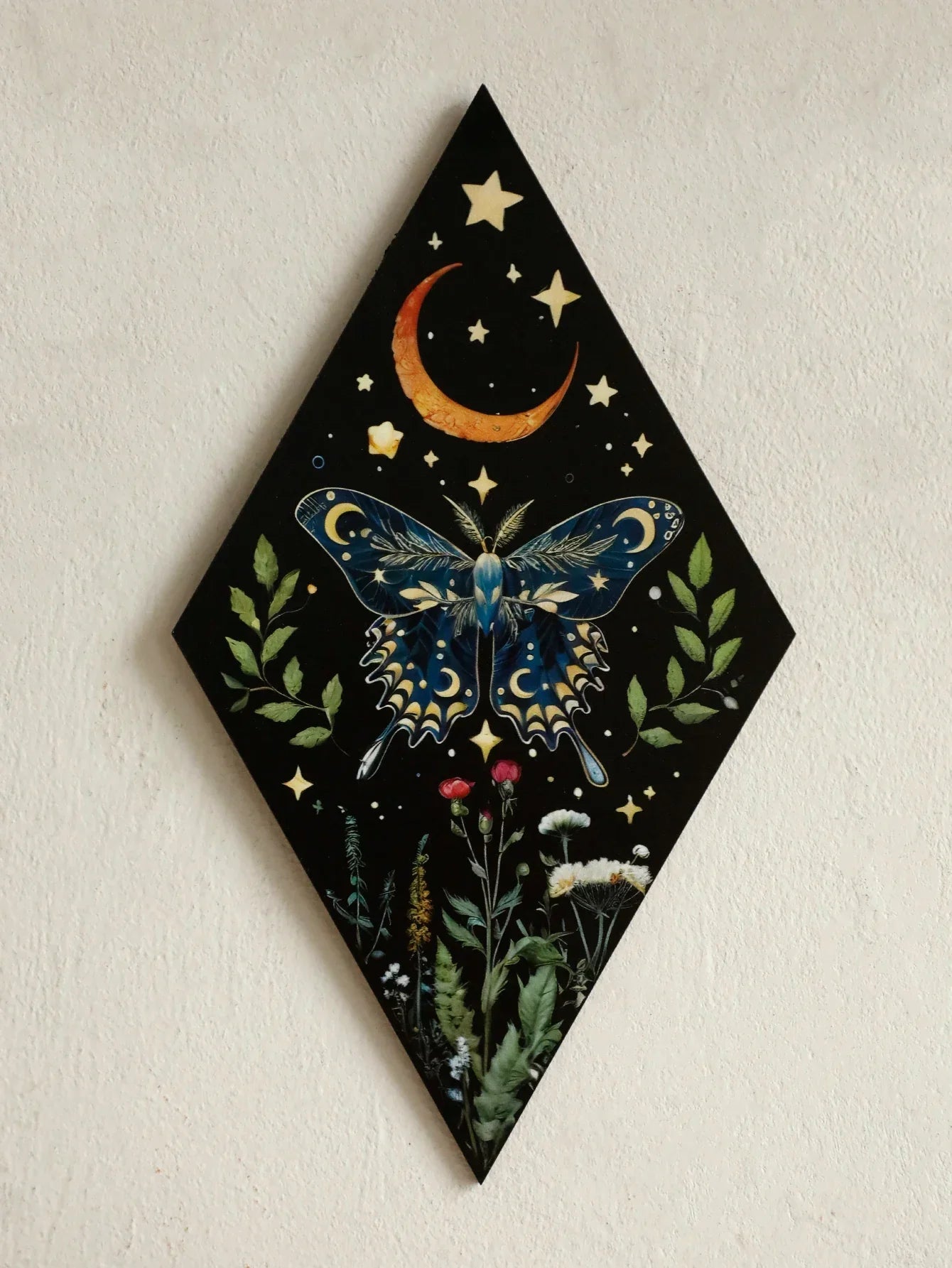 Schmetterling & Mond Holz Wandkunst – Handgemalte nordische Boho Wohnkultur Akzent