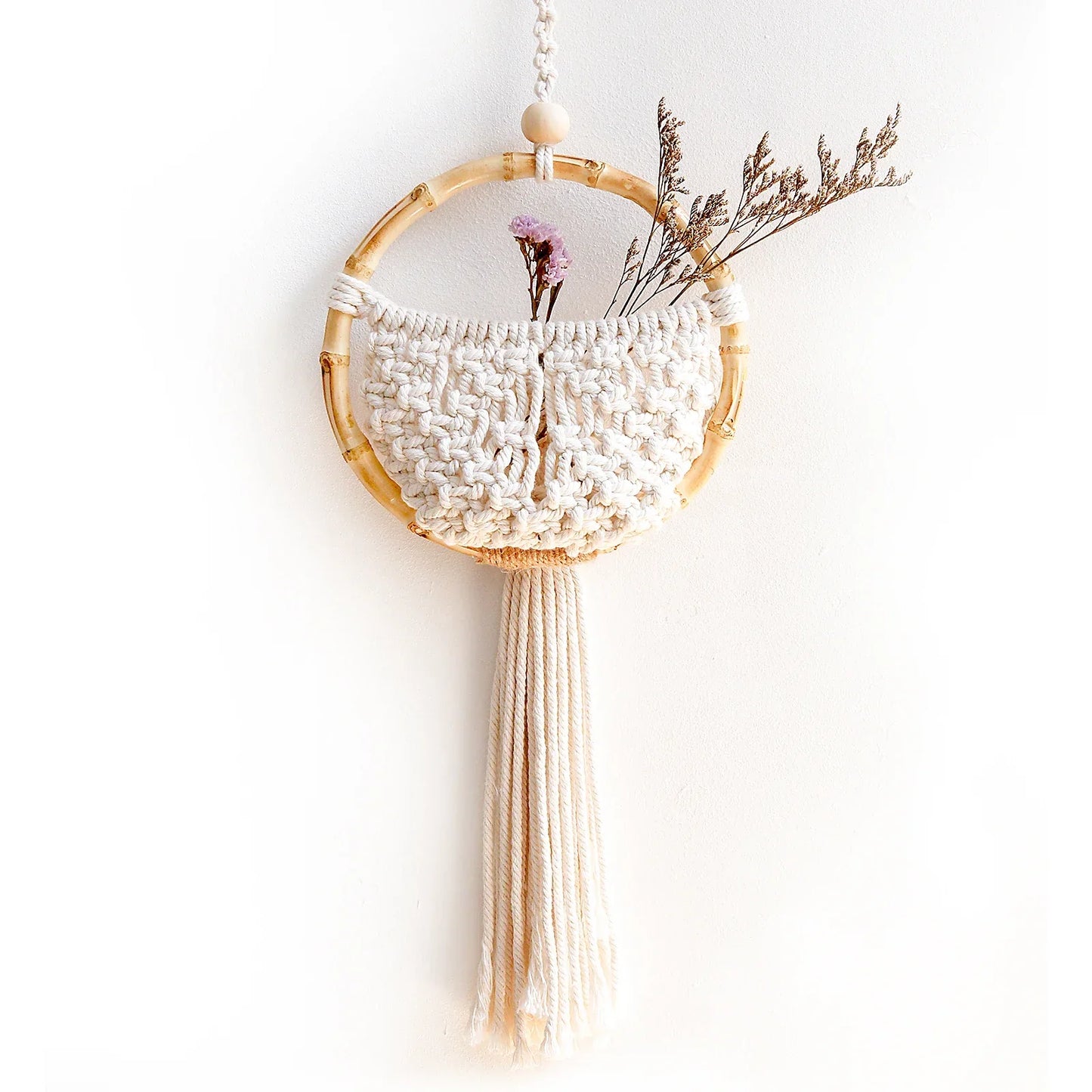 Boho Makramee Wandbehang mit Blumentopf-Tasche – Handgefertigter nordischer runder Wandteppich | Wohnheimzimmer & Wohnkultur