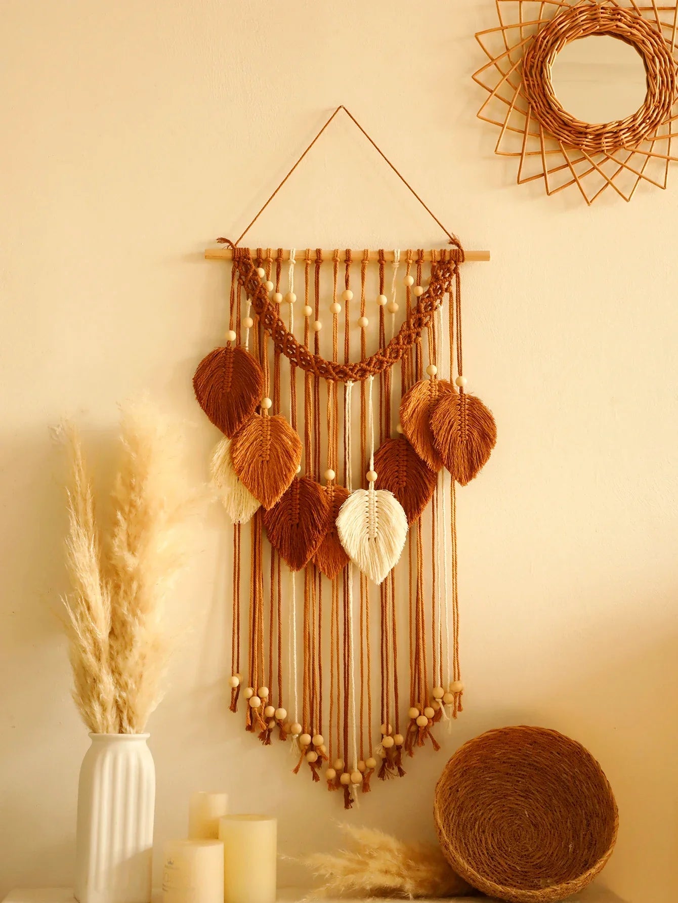 Blatt Makramee Wandteppich – Boho Baumwoll Wandbehang in Grün oder Braun