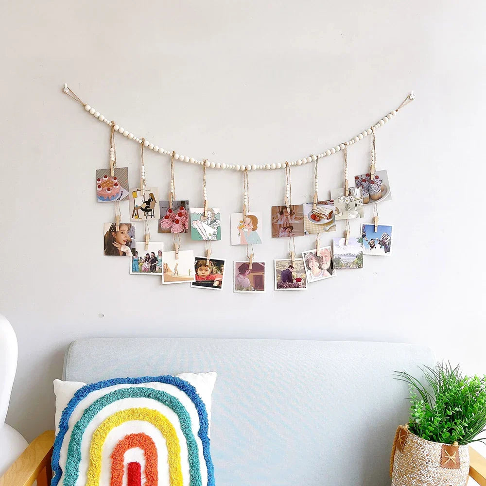 Boho Wandbehang Fotodisplay mit Holzperlen & Clips