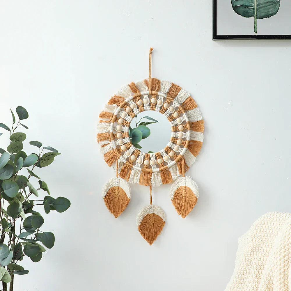 Boho Rundes Dekoratives Blatt Makramee Wandspiegel