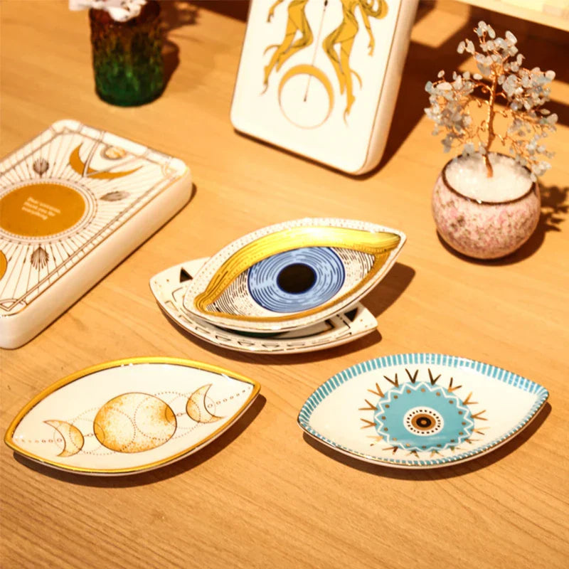 Keramischer Schmuckteller Schmuckschale Ringe Ohrringe Halsketten Schale Böse Augen Mondphasen Dekorative Platte Schüssel Wohnkultur Boho 1Stk