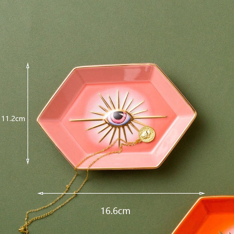Farbenfrohes Hexagonales Keramik-Augen-Tablett – Modernes Dekoratives Schmuck- & Aufbewahrungsgeschirr