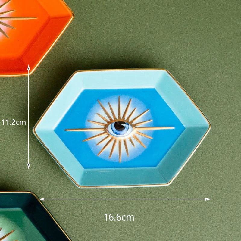 Farbenfrohes Hexagonales Keramik-Augen-Tablett – Modernes Dekoratives Schmuck- & Aufbewahrungsgeschirr
