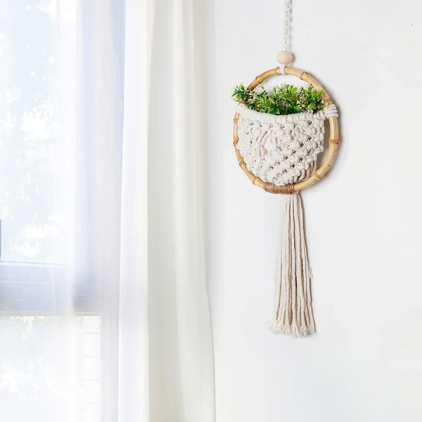Boho Makramee Wandbehang mit Blumentopf-Tasche – Handgefertigter nordischer runder Wandteppich | Wohnheimzimmer & Wohnkultur